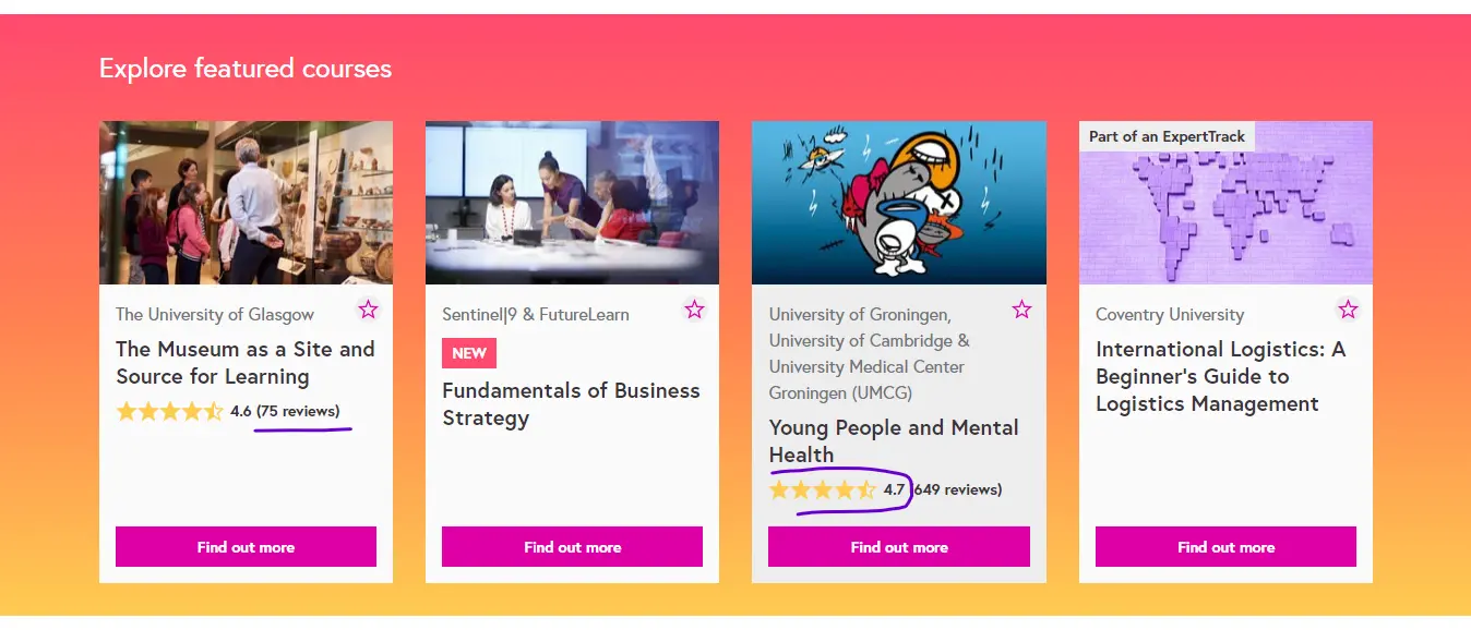 A screenshot highlighting some numbers in the featured courses section on FutureLearn.